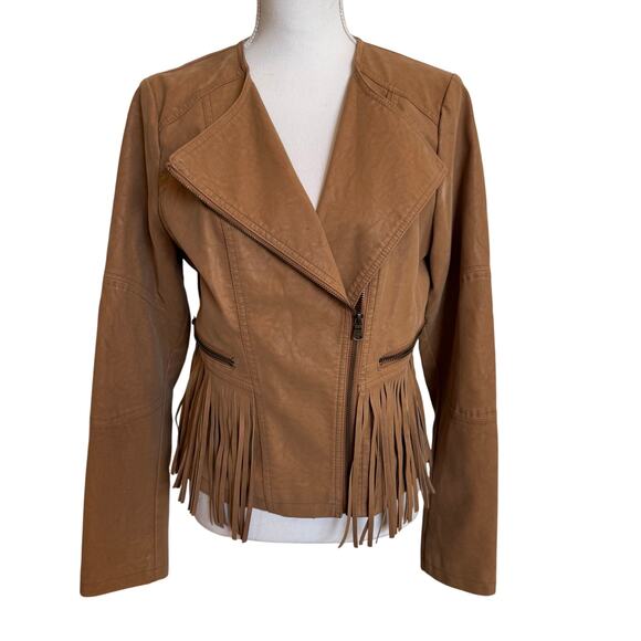 Jessica Simpson Jacket Size Medium Tan Fringe Cowboy Western Boho Biker - Picture 1 of 12